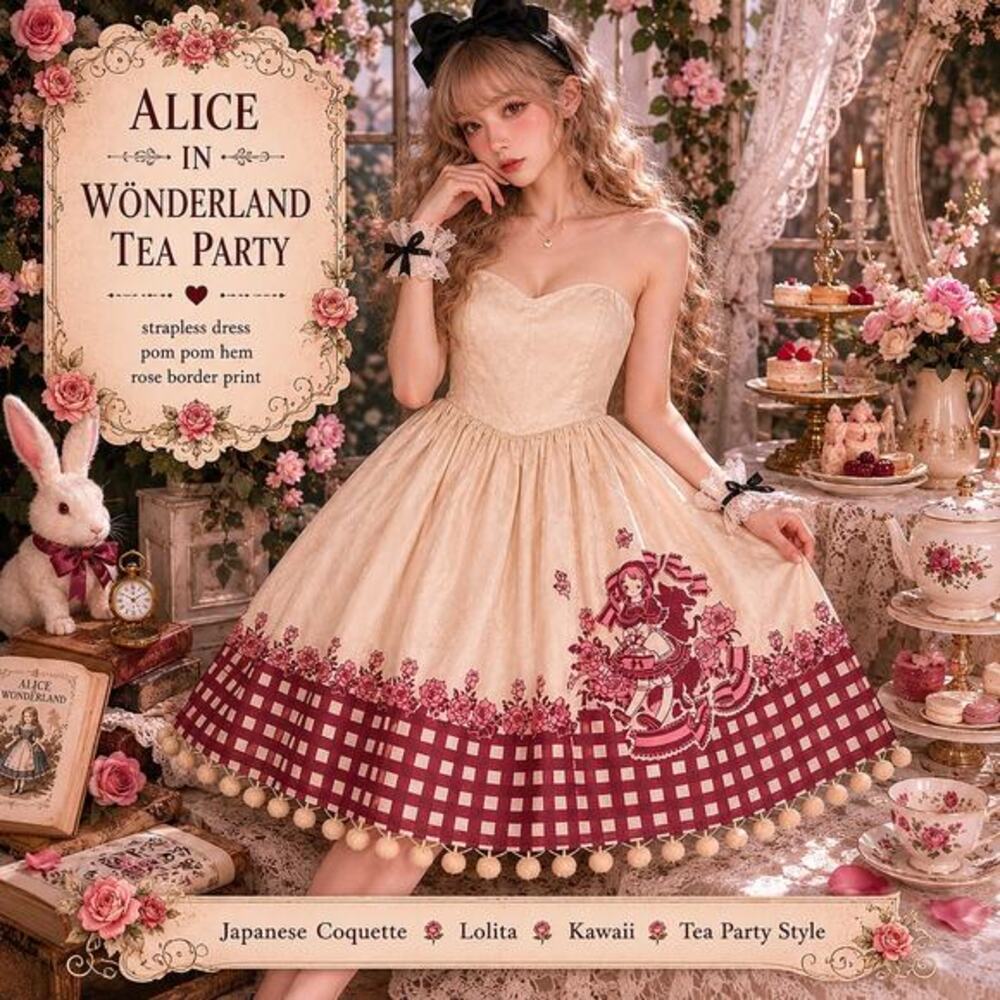 Japanese Coquette Strapless Mini Dress Rose Border Pom Pom Hem Lolita Kawaii